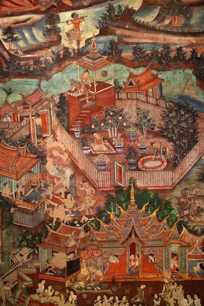 Detail der Wandgemälde von Viharn laikam, die die Sang Thong Geschichten darstellen von Thai School